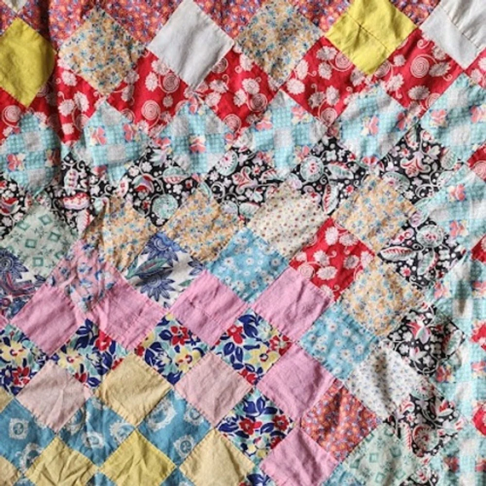 1940s Trip Around World Quilt Top Only Feedsack Patchwork 65x73 Scrap